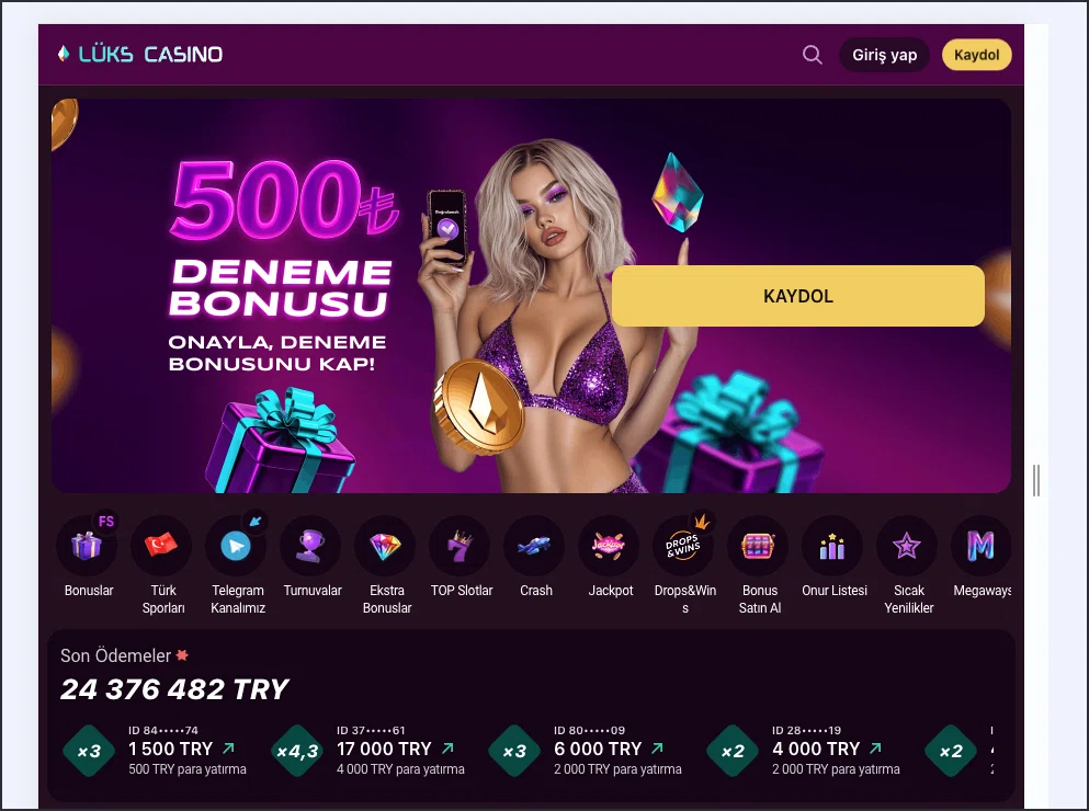 Luks Casino oyun kategorileri menüsü