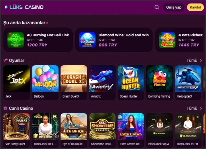 Luks Casino kazanç ekranı örneği