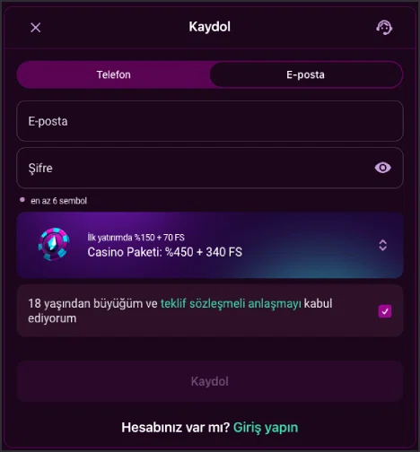 Luks Casino e-posta ile kayıt formu ekranı