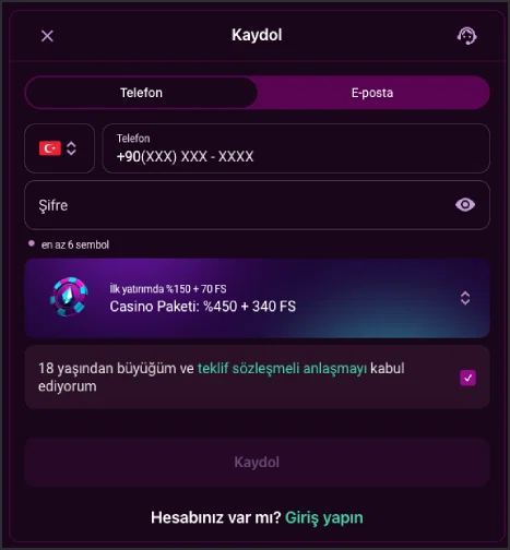 Luks Casino telefon ile kayıt formu ekranı