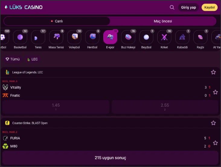 Luks Casino spor disiplinleri kategori ekranı