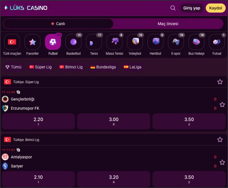 Luks Casino favori bahisler ekranı