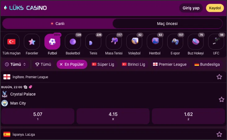 Luks Casino maç öncesi bahis ekranı